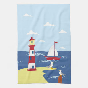 Cute Lighthouse and Boat Seaside Art Tea Towel