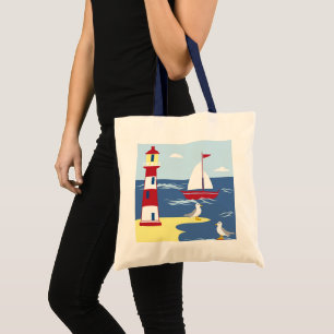 Cute Lighthouse and Boat Seaside Art Tote Bag