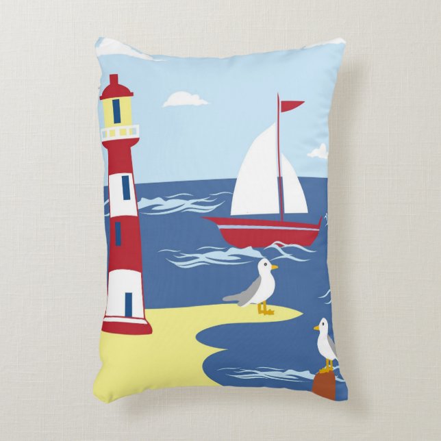 Cute lighthouse and Boat Seaside Illustration Decorative Cushion (Front(Vertical))