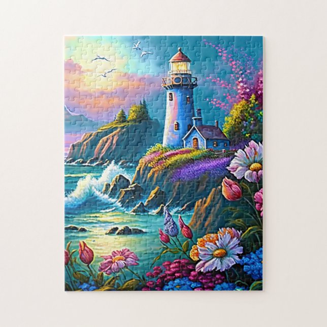 Cute lighthouse lovers beach jigsaw puzzle (Vertical)