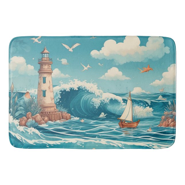 Cute Lighthouse & Ocean Dreamscape  Bath Mat (Front)