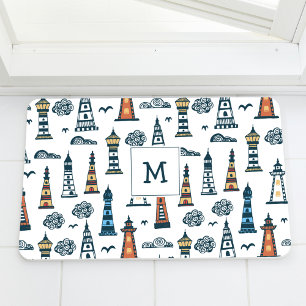 Cute Lighthouse Seamless Pattern Monogrammed Bath Mat