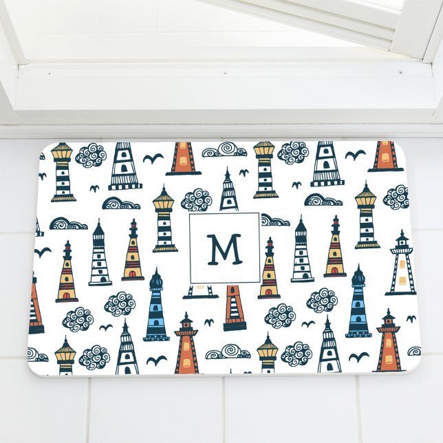 Cute Lighthouse Seamless Pattern Monogrammed Bath Mat (Creator Uploaded)