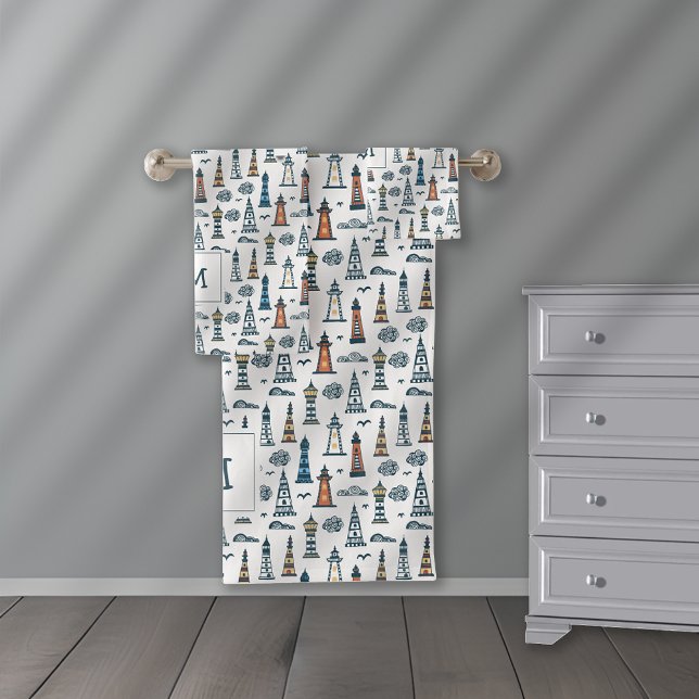 Cute Lighthouse Seamless Pattern Monogrammed Bath Towel Set (Creator Uploaded)