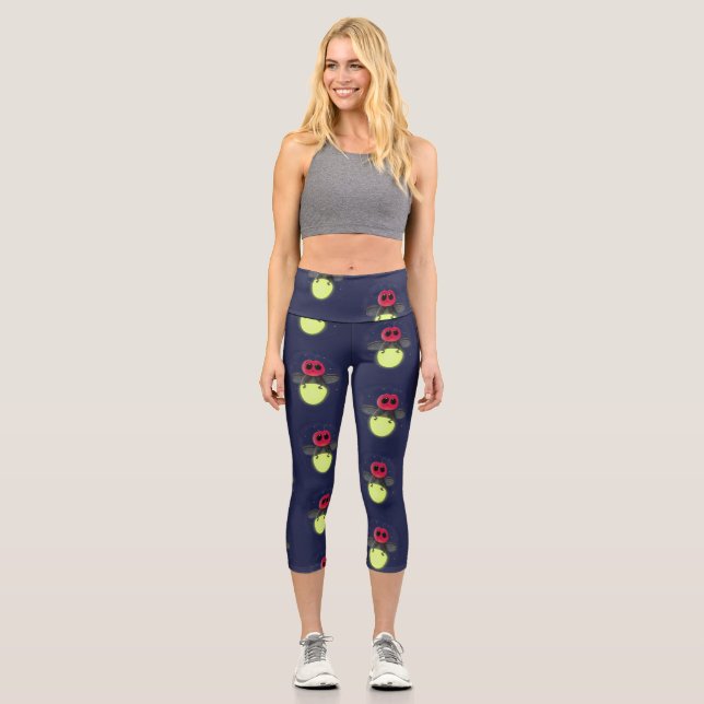 Cute lightning bug firefly cartoon illustration capri leggings (Front)