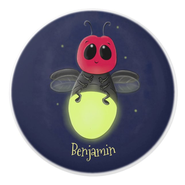 Cute lightning bug firefly cartoon illustration ceramic knob (Front)