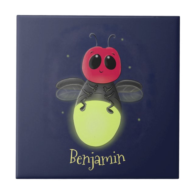 Cute lightning bug firefly cartoon illustration ceramic tile (Front)