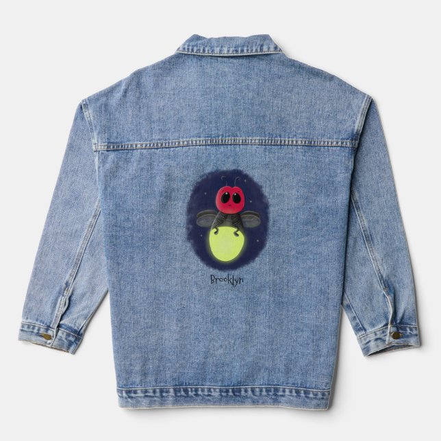 Cute lightning bug firefly cartoon illustration denim jacket (Back)