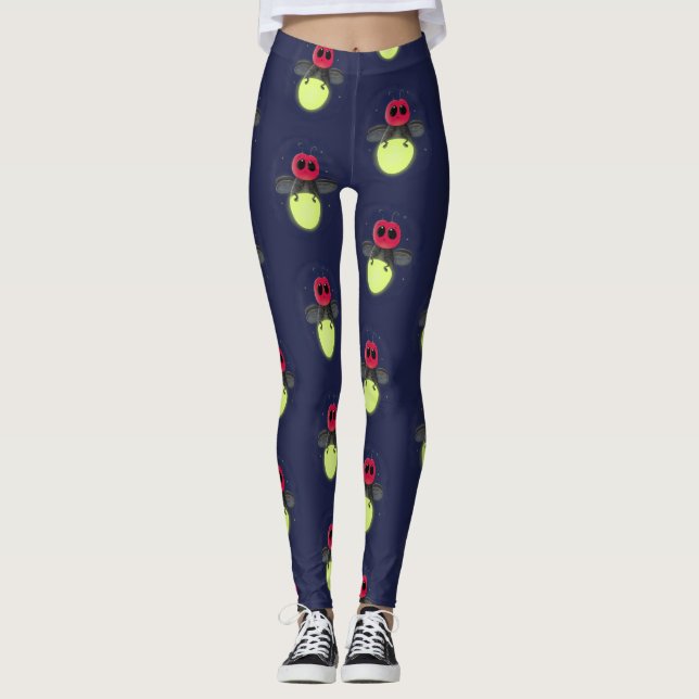 Cute lightning bug firefly cartoon illustration leggings (Front)