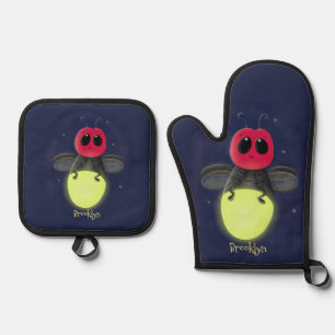 Cute lightning bug firefly cartoon illustration oven mitt & pot holder set