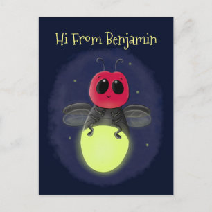 Cute lightning bug firefly cartoon illustration postcard