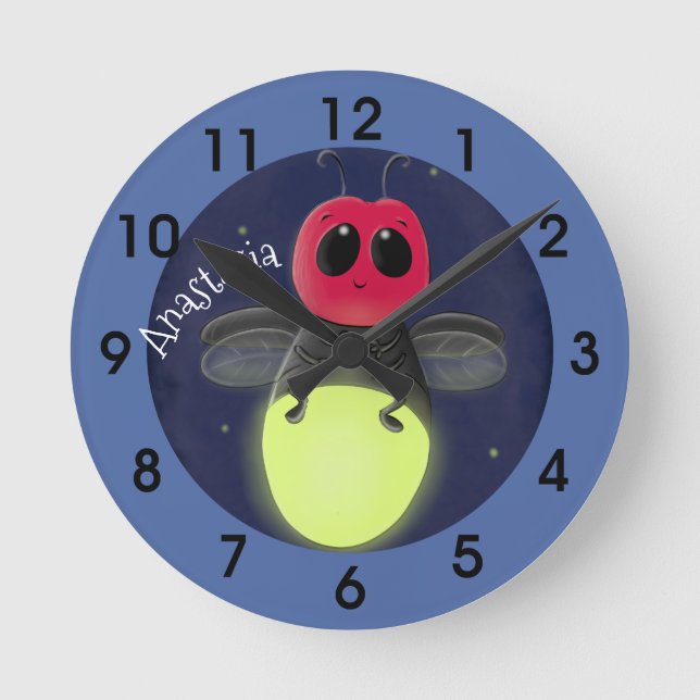 Cute lightning bug firefly cartoon illustration round clock (Front)