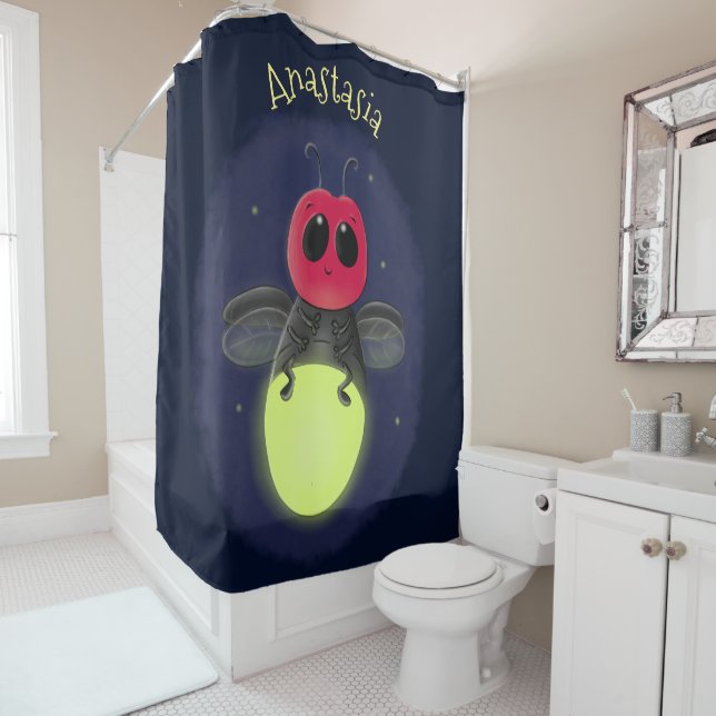 Cute lightning bug firefly cartoon illustration shower curtain (In Situ)