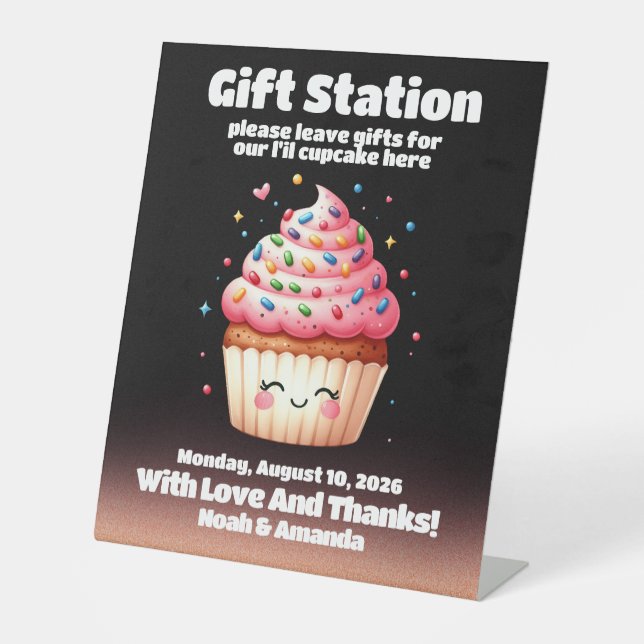 Cute L'il Cupcake Sprinkles Baby Shower Welcome Pedestal Sign (Front)