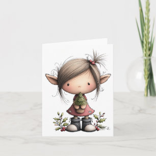 Cute lil Elf Girl with tiny Christmas Tree Card