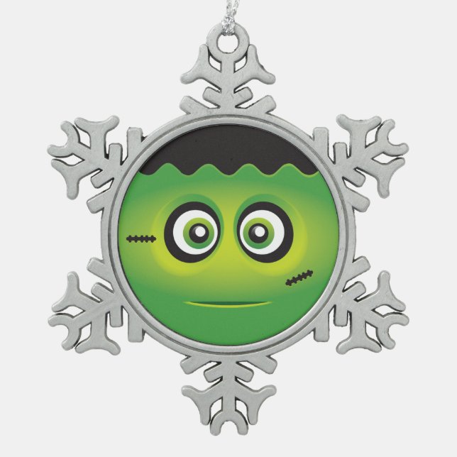 Cute Lil' Frankenstein emoji Happy Halloween Snowflake Pewter Christmas Ornament (Front)