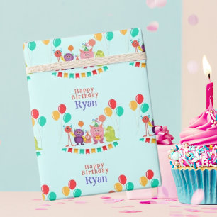 Cute lil monster cartoon fun birthday party wrapping paper