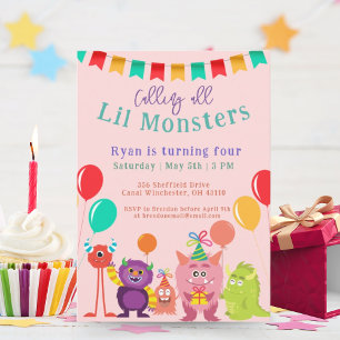 Cute lil Monster Cartoon Pink Birthday Party Invitation