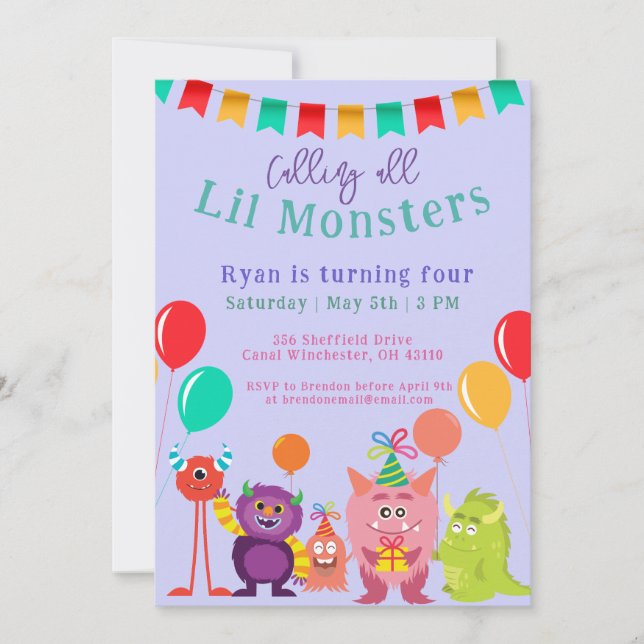 Cute lil Monster Cartoon Violet Birthday Party Invitation (Front)