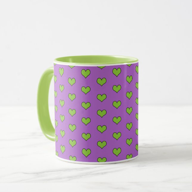 Cute Lilac and Green Hearts Pattern Mug (Front Left)