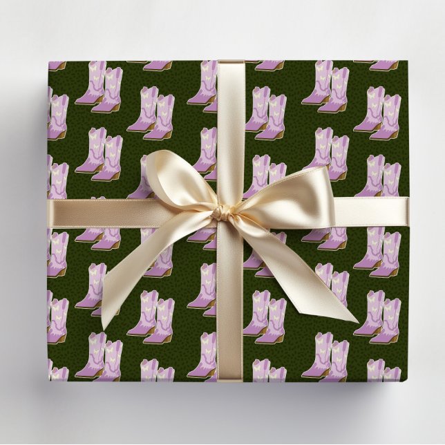 Cute Lilac Cowgirl boots Dark green Christmas Wrapping Paper Sheet (Holiday wrapping paper, Pale Purple Cowgirl boots on dark green background)