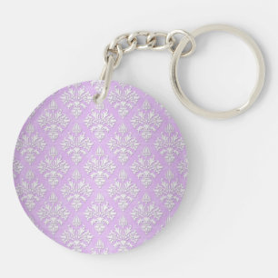 Cute Lilac Lavender and White Damask Key Ring