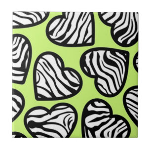 Cute lime green black white zebra pattern heart ceramic tile