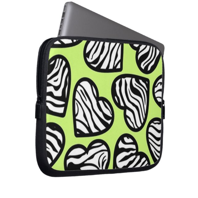 Cute lime green black white zebra pattern heart laptop sleeve (Front Right)