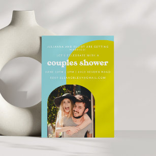 Cute Lime Light Blue Retro Photo Couples Shower Invitation