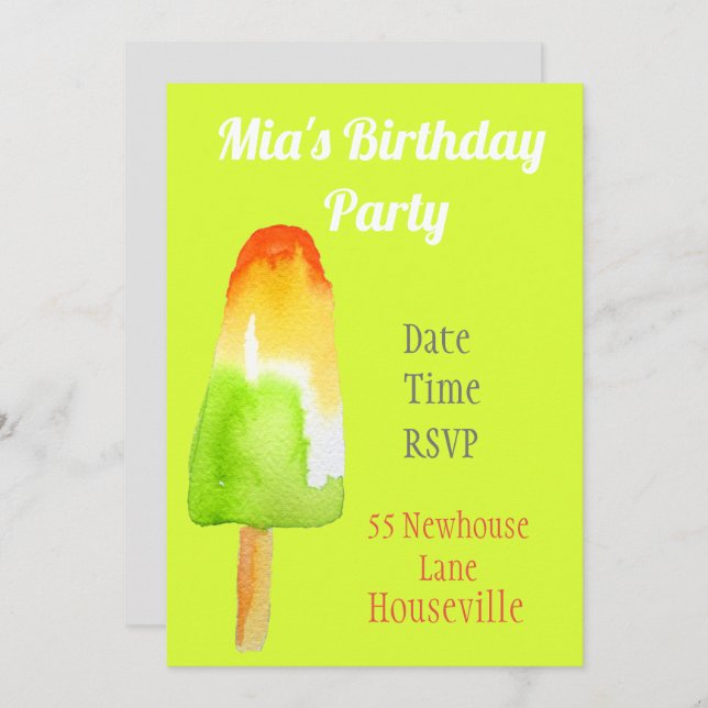 Cute lime popsicle ice-block Summer girl Party Invitation (Front/Back)