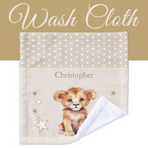 Cute lion add name polka dots stars brown wash cloth