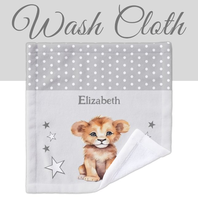 Cute lion add name polka dots stars grey wash cloth (Creator Uploaded)