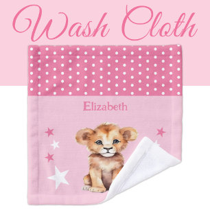 Cute lion add name polka dots stars pink wash cloth