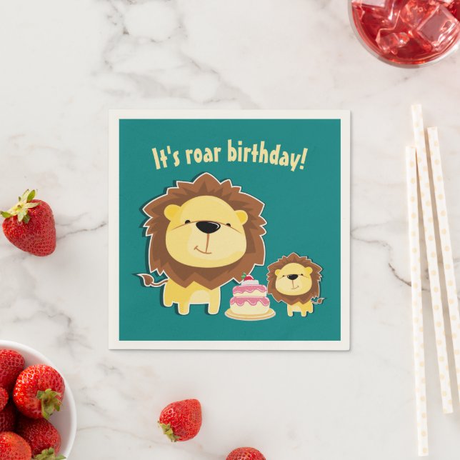 Cute Lion And Baby Cub Kids Birthday Napkin (Insitu)