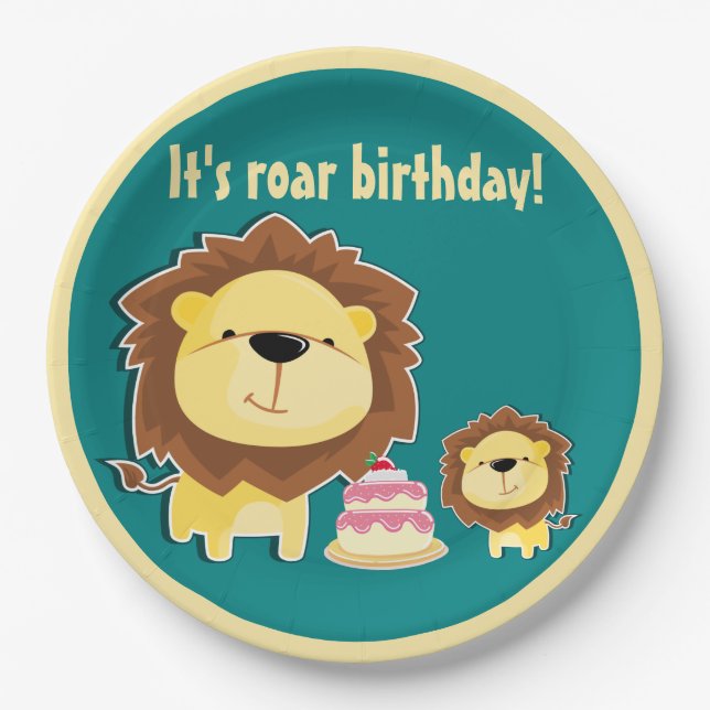 Cute Lion And Baby Cub Kids Birthday Paper Plate (Front)