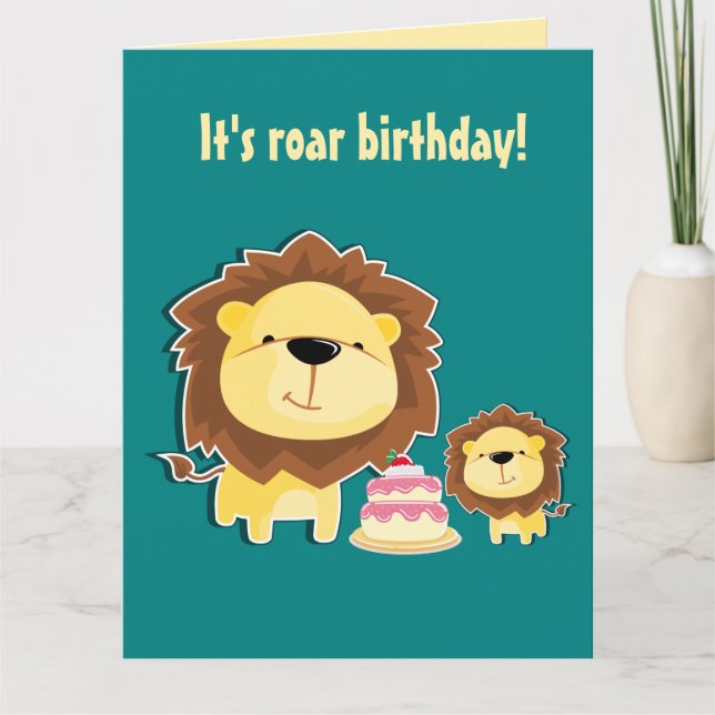 Cute Lion And Baby Cub Kids Birthday Thank You Card (Front)