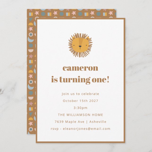 Cute Lion Baby Kids Animal 1st Birthday Party Invitation (Front/Back)
