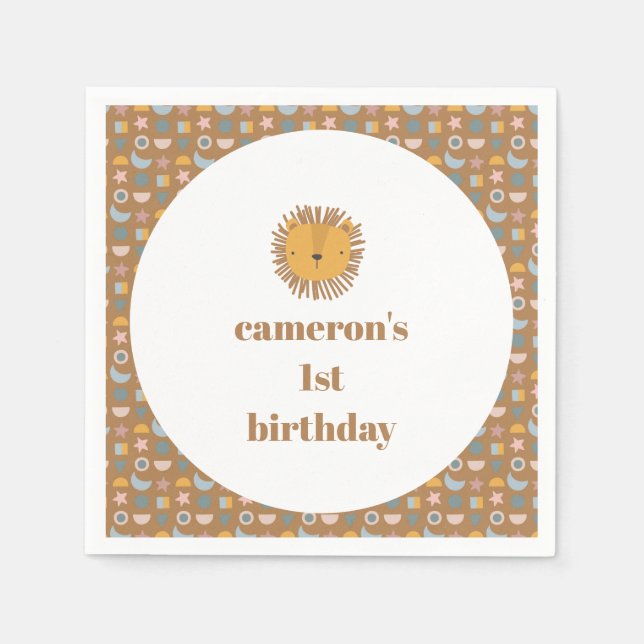 Cute Lion Baby Kids Animal Custom Birthday Party Napkin (Front)
