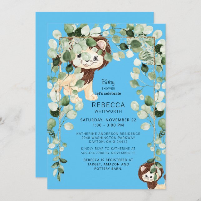 Cute Lion Baby Shower Foliage Blue In Person Invitation (Front/Back)