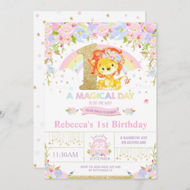 Cute Lion Birthday Party Invitation Girl Floral (Front/Back)