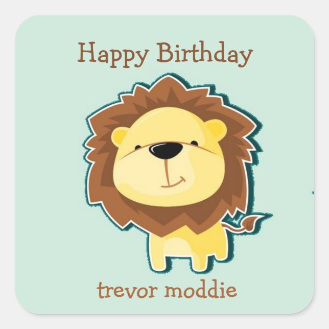Cute lion blue pattern birthday square sticker (Front)
