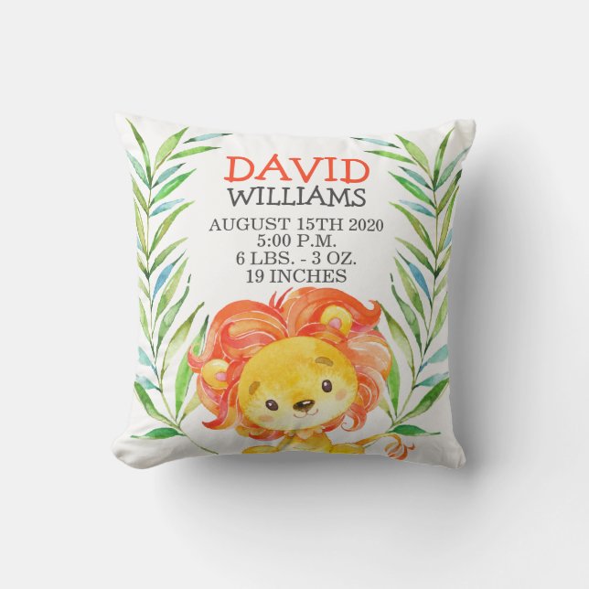 Cute Lion Boy Birth Stats Jungle Safari Nursery Cushion (Front)