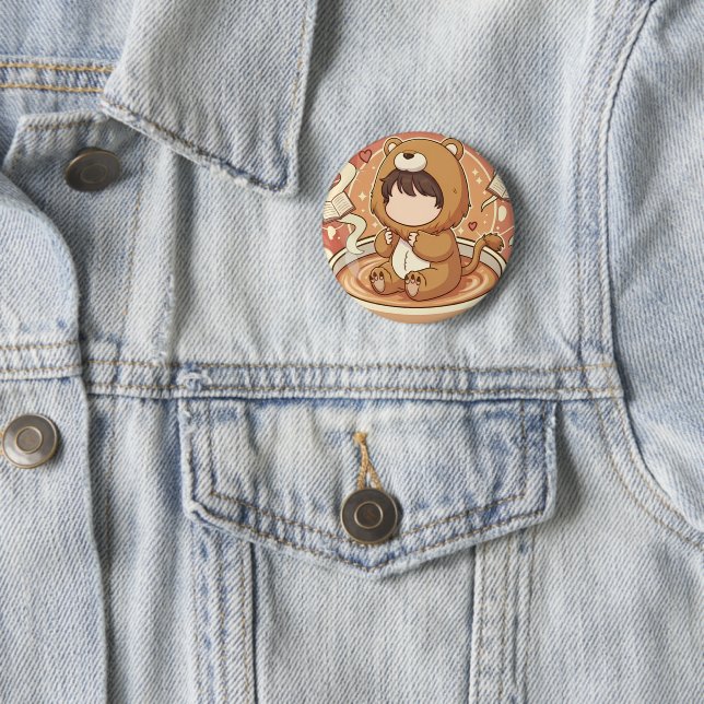 Cute Lion Boy Drinking Coffee 6 Cm Round Badge (In Situ)