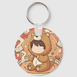 Cute Lion Boy Drinking Coffee Key Ring