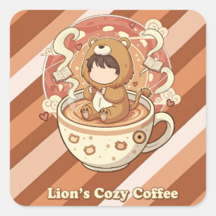 Cute Lion Boy Drinking Coffee Square Sticker