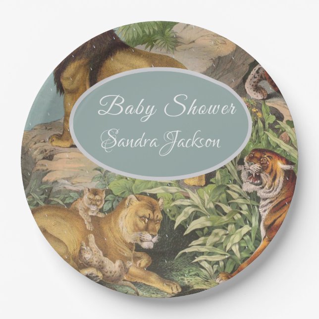 Cute Lion Cat jungle Dusty Blue Boyl Baby Shower  Paper Plate (Front)