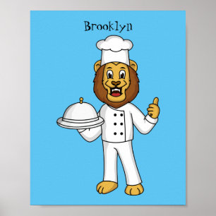 Cute lion chef cartoon illustration poster