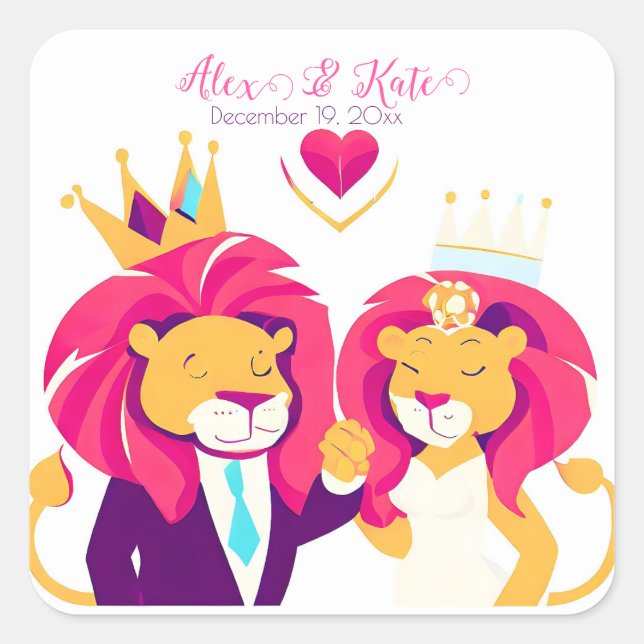 Cute Lion Couple | Romantic Wedding  Square Sticker (Front)