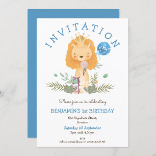 Cute Lion Crown Leaves Boys 1st Birthday Party Invitation