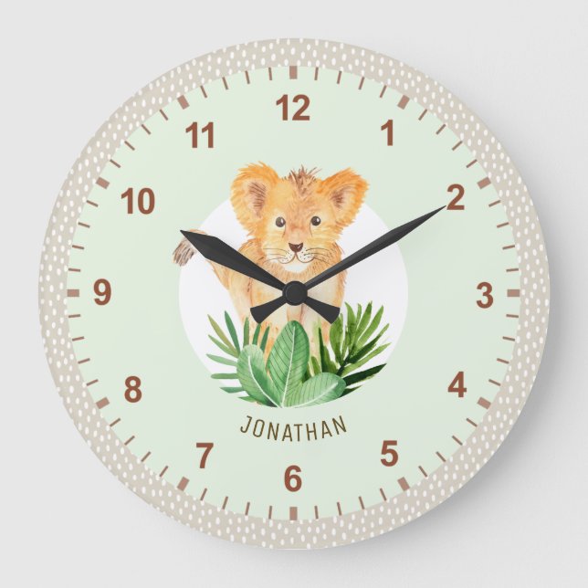 Cute Lion Cub Animal Safari Dotted Kids Room Decor Large Clock (Front)